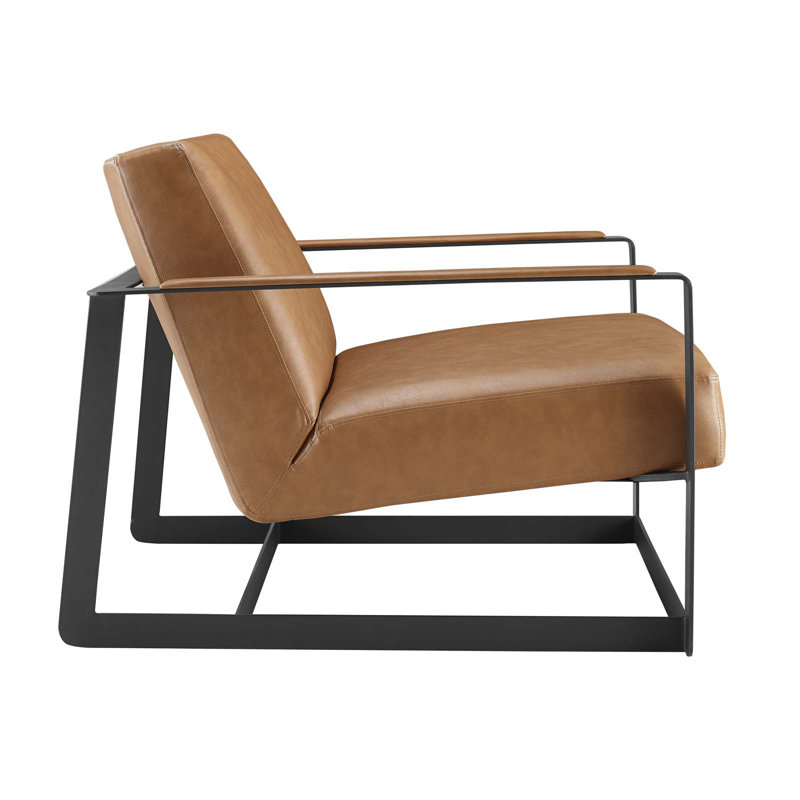 Tan Faux Leather Barrel Accent Chair with Metal Frame