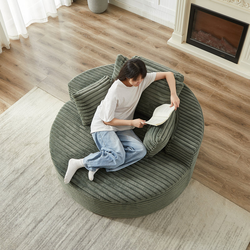 Boneless Sponge Single Sofa,fluffy Modern Sleeper Chair, Green Corduroy, 35" H x 55" W x 55" D