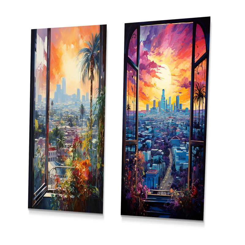 Los Angeles Window View I - Ensemble de 2 fenêtres murales en métal, H 32 po x l 32 po