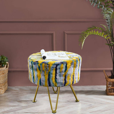 Multi Jacquard Round Faux Fur Ottoman