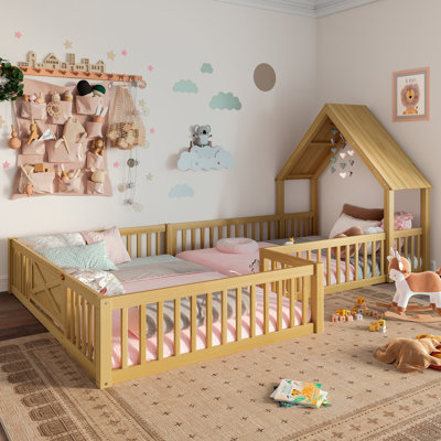 House Montessori Floor Bed Twin Size, Double Twin Floor Bed With Door, Fence And Roof, L-shaped Montessori Bed For Girls, Boys, Easy Assemble, Multi-f by Harriet Bee