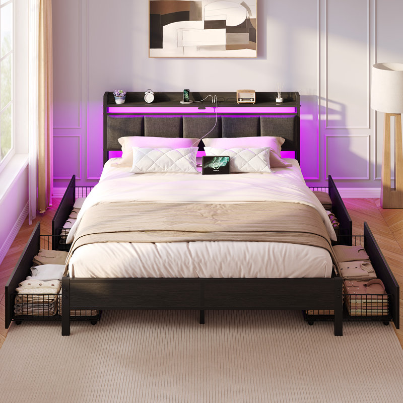 Berte Bed with Storage Headboard, Bed Frame with 4 Storage Drawers, Charging Station and RGB LED Lights, Queen, Black