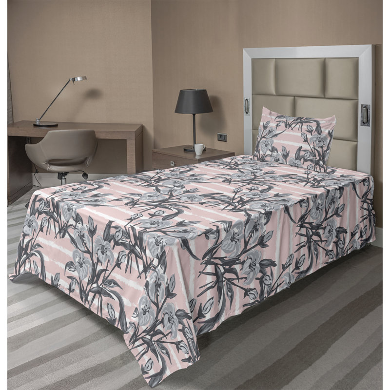Ambesonne Lily Pattern Sheet Set Neutral Flowers Print Pastel Pink Pale Grey, Twin Sheet Set with 1 Pillowcase