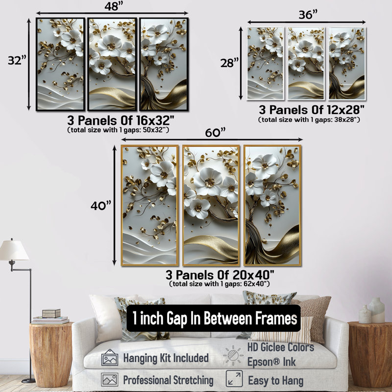 Ensemble de décorations murales cerisier blanc et or blanc I - Cherry Blossom, H 40 po x l 60 po x P 1 po