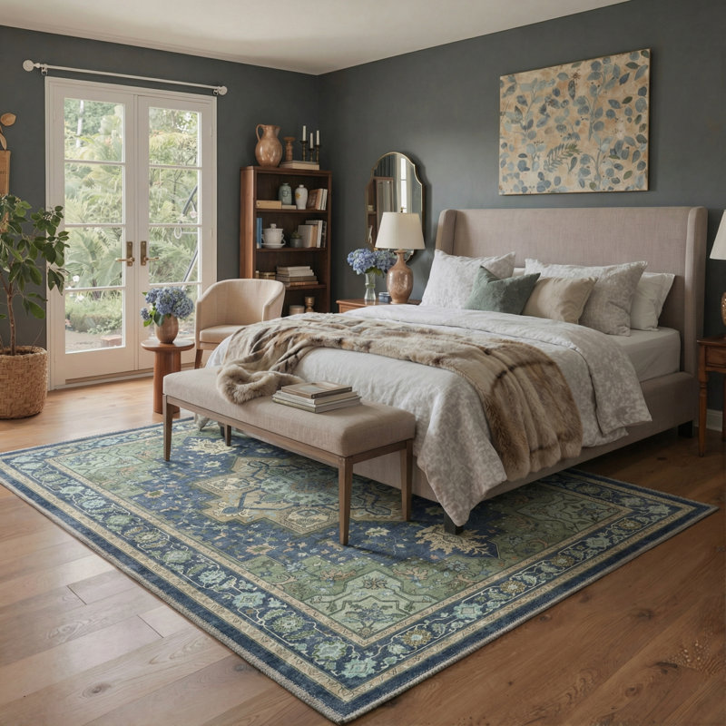 Roehit Oriental Performance Navy / Sage 8'x 10' Area Rug, Machine Washable, Rectangle 8' x 10'