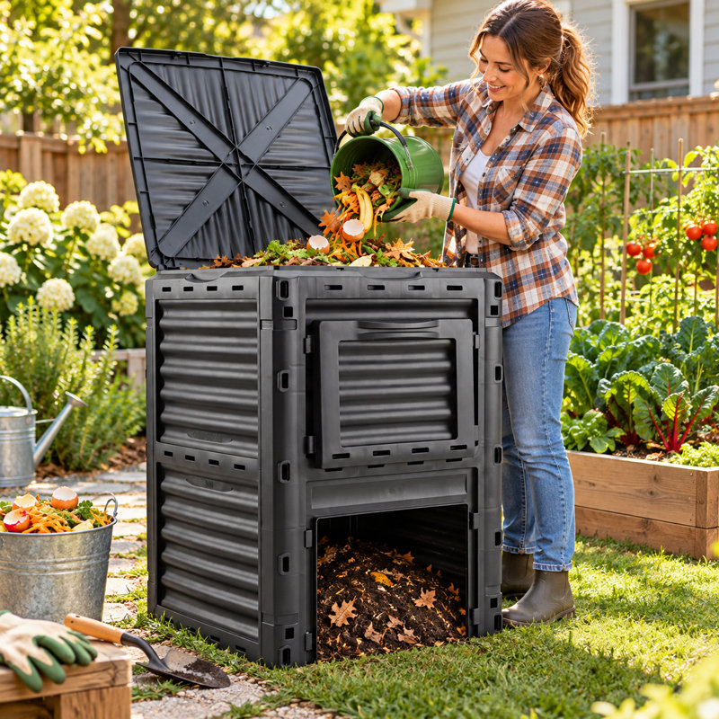 Bac à compost 80 gallons pour l'extérieur, grand composteur de jardin avec évents d'aération, conception résistante aux rayons UV pour les déchets de cuisine et les déchets de jardin
