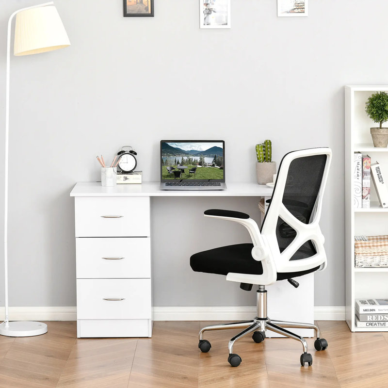 Bureau d'écriture avec bureau et bibliothèque 47,25 "avec 3 tiroirs et tablettes de rangement, Blanc