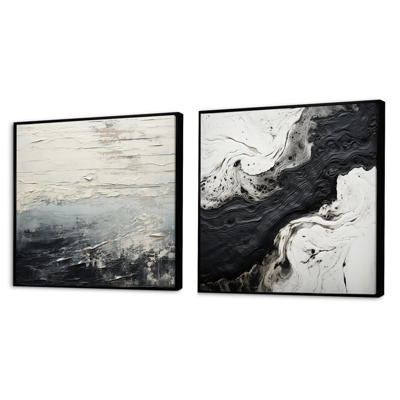 «Black and White Paint River», ensemble de 2 collages carrés à formes abstraites, Cadre flottant noir, H 36 po x l 73 po