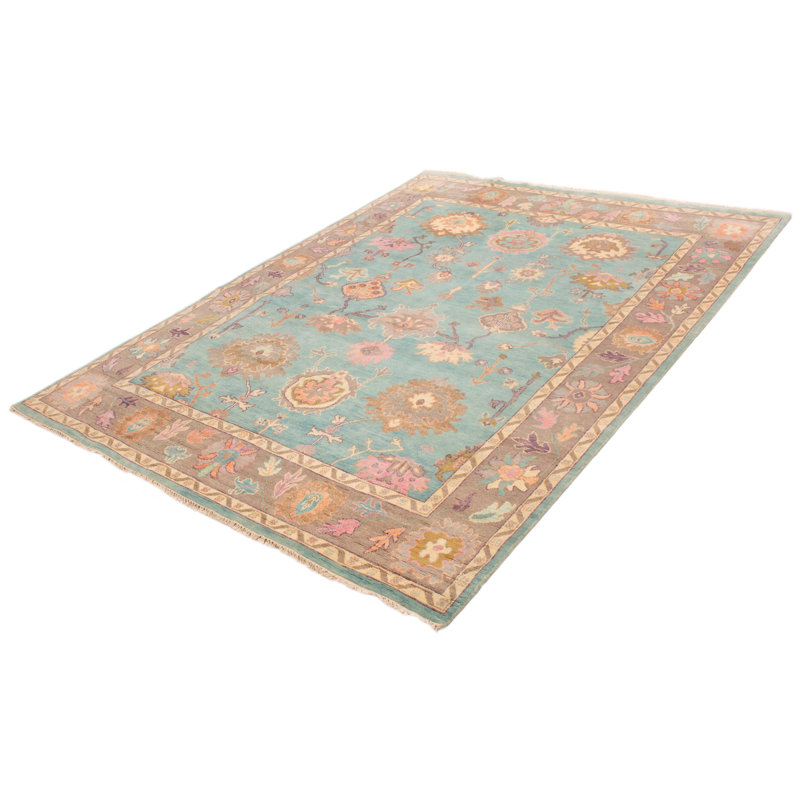 Tapis turquoise en laine noué à la main 9 pi 0 po x 12 pi 0 po Oushak