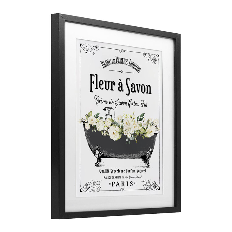 «French Flower Bathaign», reproduction encadrée sous verre, avec lettres et doublure, H 16 po x l 13 po, Cadre noir minuit