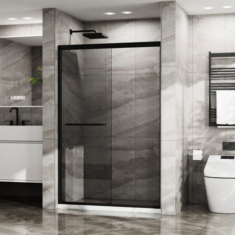 Cabine de douche 48 po x 72 po - Porte coulissante double, verre trempé, cadre noir mat, instruments en acier inoxydable l 48 po x H 72 po, noir transparent, fils