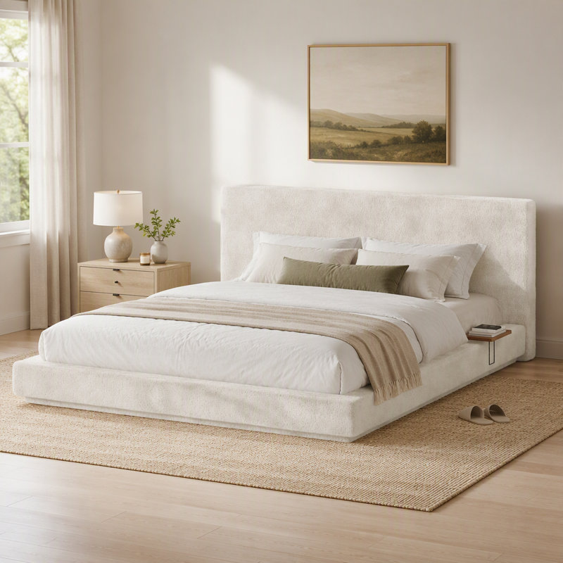 King Bed Frame With Adjustable Sliding Side Table Visual Floating Effect, 8.7'' Cloud Upholstered Sponge Cushion
