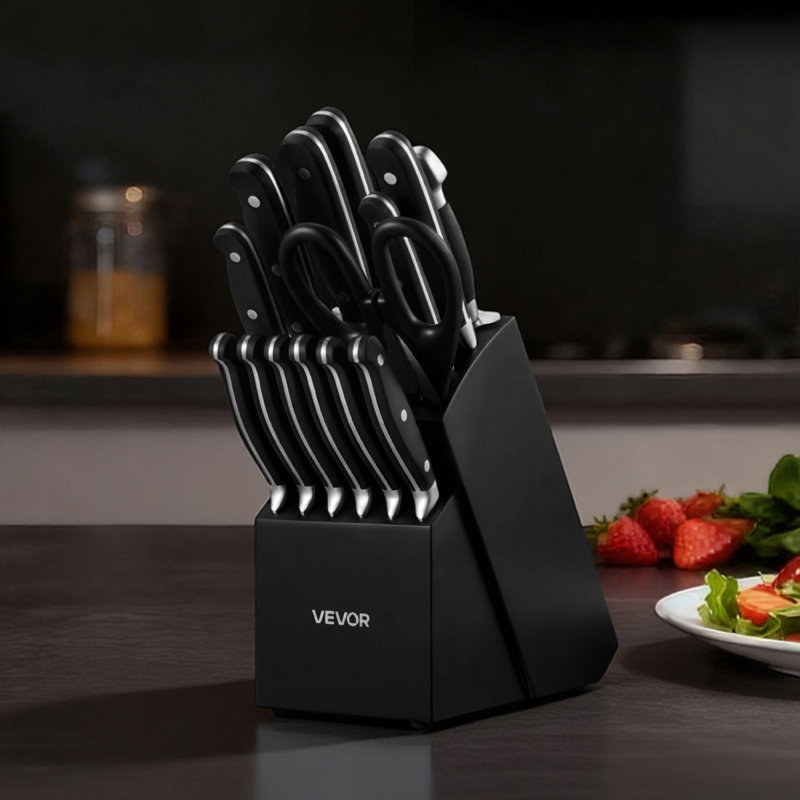 Ensemble de couteaux de cuisine avec bloc et aiguiseur, ensemble de couteaux tranchants en acier inoxydable à haute teneur en carbone de 15 pièces, coutellerie de cuisine avec poignée résistante aux fissures, tige d'affûtage et bloc en bois, pour cuisiniers à domicile