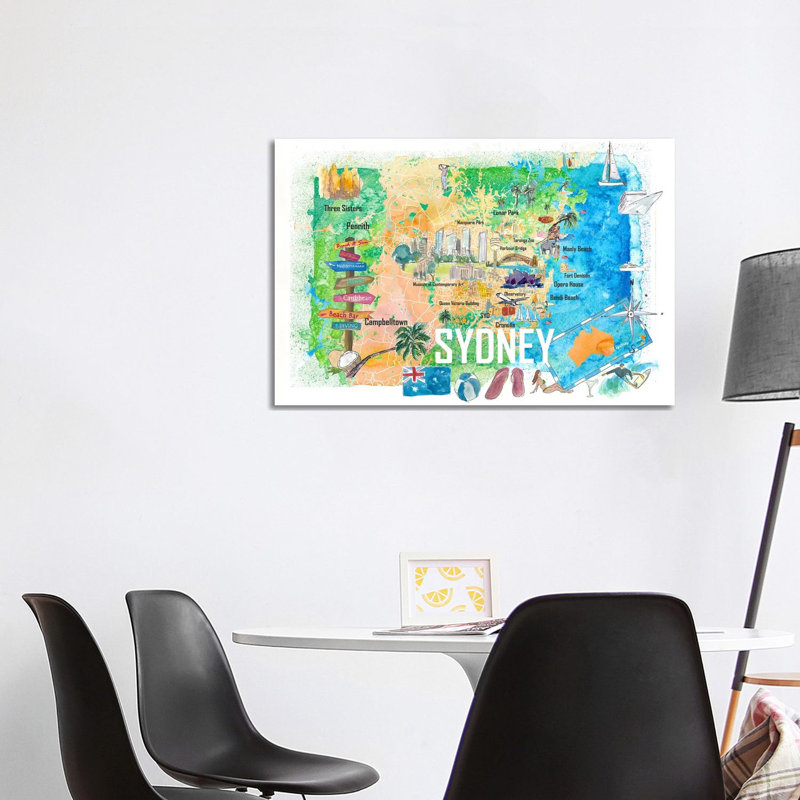 Sydney Australia Illustrated Map With Main Roads Landmarks And Highlights by Markus & Martina Bleichner - Wrapped Canvas Gallery-Wrapped Canvas Giclée