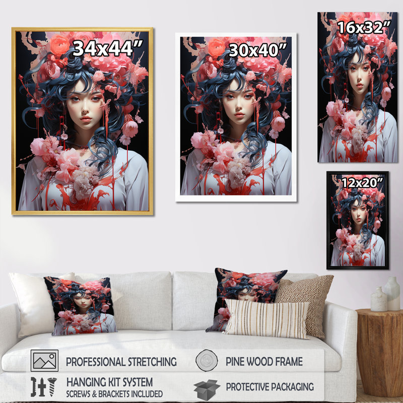 Portrait d'une femme asiatique rêveuse sur toile, H 32 po x l 24 po x P 1 po, Cadre photo blanc