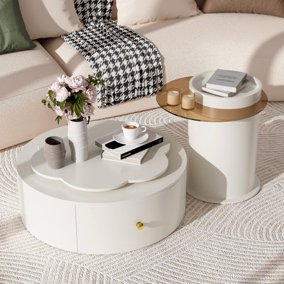 Modern Round Coffee Table Set Of 2 , 360-Degree Rotatable Flower-Shaped Top With 2 Drawers, Top Circle Side Table End Table With Glass For Living Room