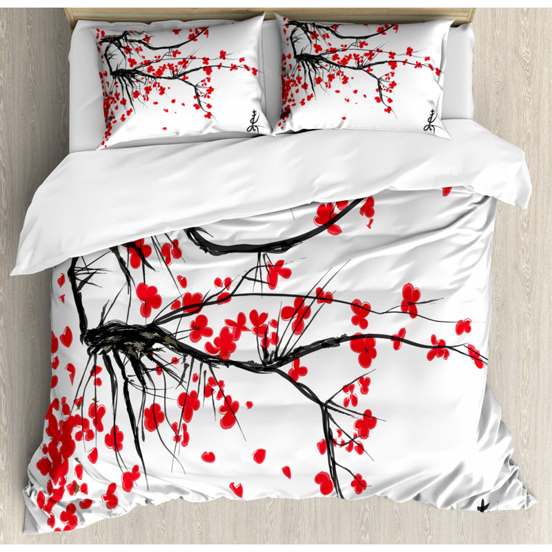 King Size Sakura Blossom Red and White Microfiber Duvet Cover Set