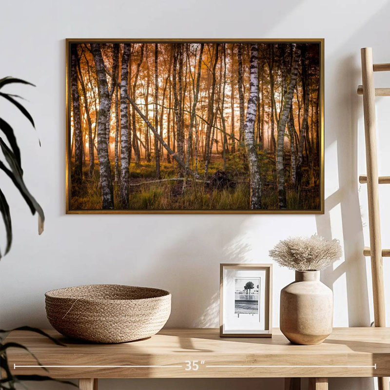 Forêt de bouleaux sombre, 25 po x 17 po, Cadre flottant doré