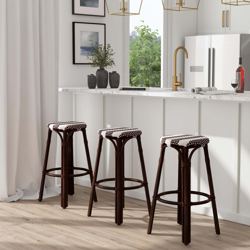 Tobias Rattan Bar Stool & Counter Stool, White/Brown Stripe/Dark Brown Rattan Frame, Bar Stool (30" Seat Height)