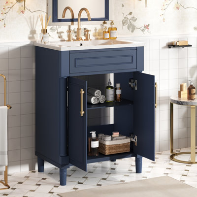 Meuble-lavabo 24 po avec lavabo intégré en céramique, meuble-lavabo simple avec 2 portes et meuble-lavabo simple pour petite et moyenne salle de bain