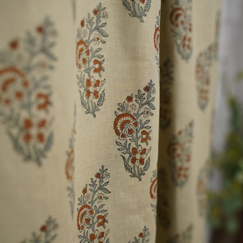 Grey & Brown Bohemian Handmade Light Filtering Flat Curtain Panel Linen Drapes for Elegant & Natural Home Interiors