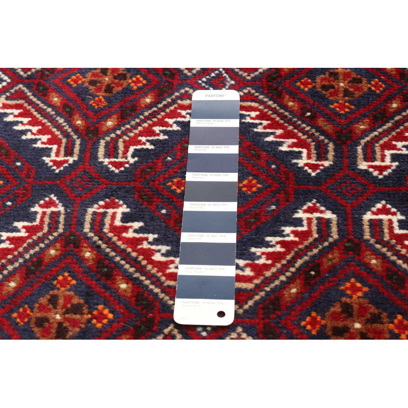 Tapis unique en laine noué à la main 3 pi 3 po x 5 pi 7 po nouvel âge Carvey en rouge / bleu / mauve