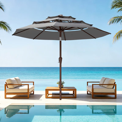 9ft 3-tier Patio Umbrella With Push Button Tilt & Crank Lift, Outdoor Market Umbrella For Garden Deck Backyard