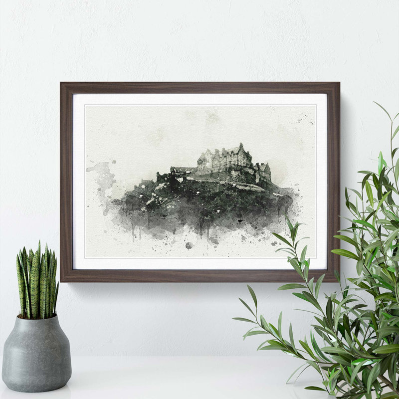 Edinburgh Castle in Scotland in Abstract - Picture Frame Painting Print on MDF, Walnut Framed, 27cm H x 36cm W x 2cm D
