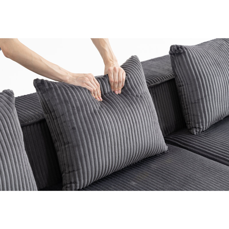 Modular Corduroy Sectional Sofa, 3-Seat All-Foam Compressed Couch, Deep Seating Low-Profile, Dark Gray, 111.4" W x 40.7" D x 23.6" H. 33005-3