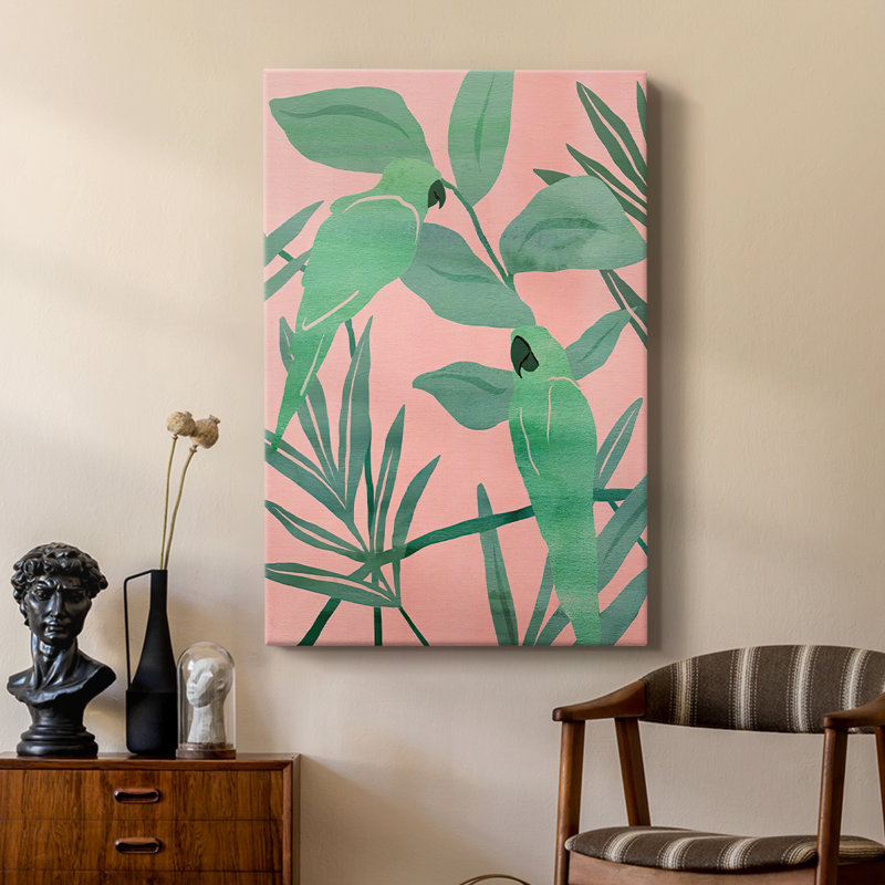 Oiseaux de paradis roses et verts I - galerie sur mesure, H 27 po x l 18 po