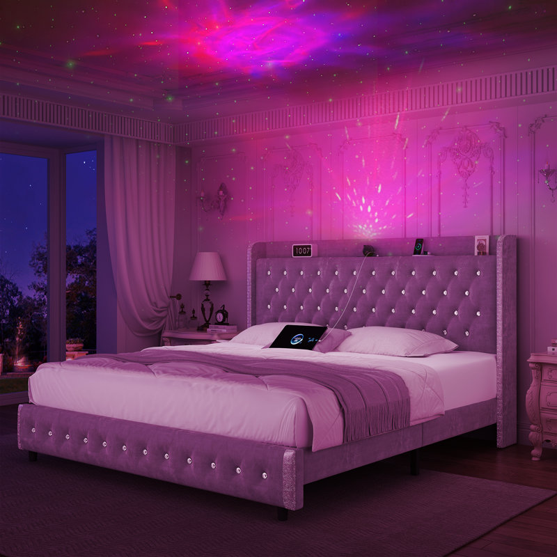 Wingback Upholstered Platform Bed Frame With Galaxy Projector, Diamond Button Headbaord, USB Charger, Music Speaker, Gray