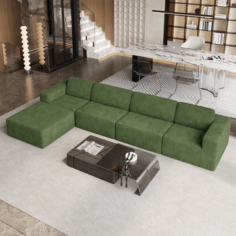 Modular Corduroy 404cm 4-seater Sofa With 1 Ottoman, No Assembly Required, With High Rebound Sponge, Green