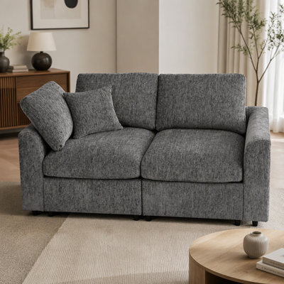 U-Style 3-Piece Modular Sofa Set, 2-Seater + 1-Seater + Movable Ottoman, Chenille Upholstered Couch with Solid Wood Frame, Includes 2 Throw Pillows, M