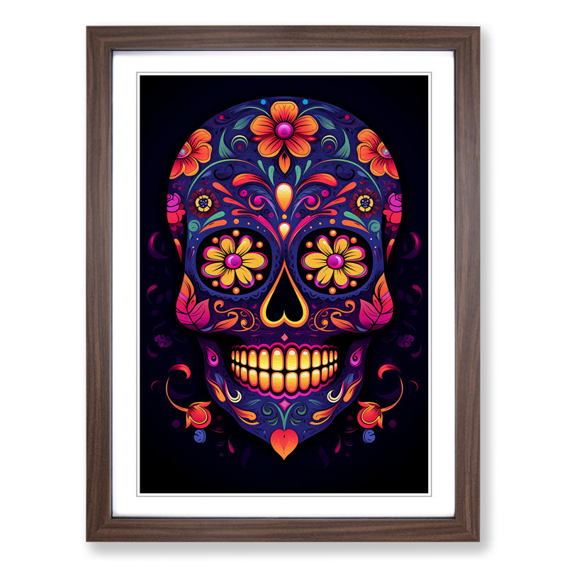 Sugar Skull Minimalism - Single Picture Frame Print on Wood, Walnut, 34cm H x 25cm W x 2cm D