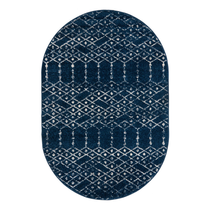 Tapis bleu marine / blanc Lenwood, Ovale 4 pi 1 po x 6 pi 1 po