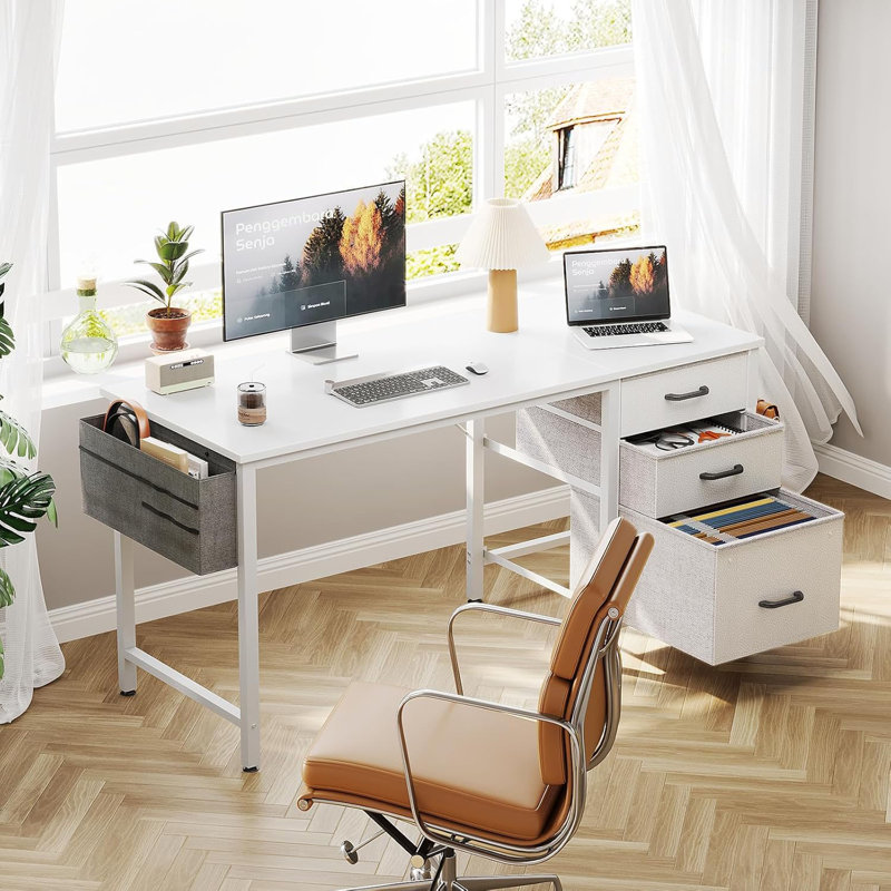 Small Computer Home Office Desk For Bedroom With Fabric Drawers & File Cabinet, Cloth Storage Bag And Hook, Writing Study Work Table For Small Space