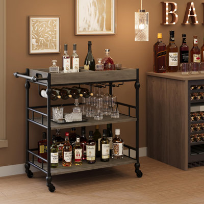 Chariot-bar à 3 niveaux avec roulettes, chariot de service roulant en métal avec support à vin et plateau amovible pour la cuisine, la salle à manger et le salon