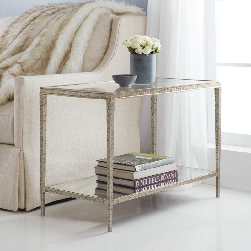 Glass Top End Table, Antique Aluminum