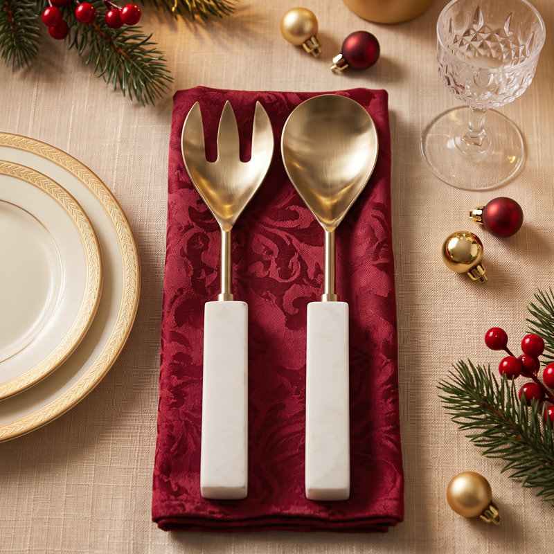 Ensemble d'ustensiles de service à salade Quartz en boîte pour table de salle à manger - Service de cuisine avec têtes en métal pour la restauration et le divertissement - Ensemble de 2, blanc et or