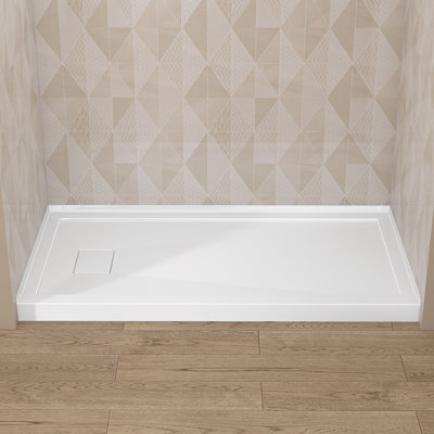60" W X 32" D Acrylic Alcove Shower Base Pan Rectangular Single Threshold Drop-in Shower Floor Tray in Glossy White with Drain Cover