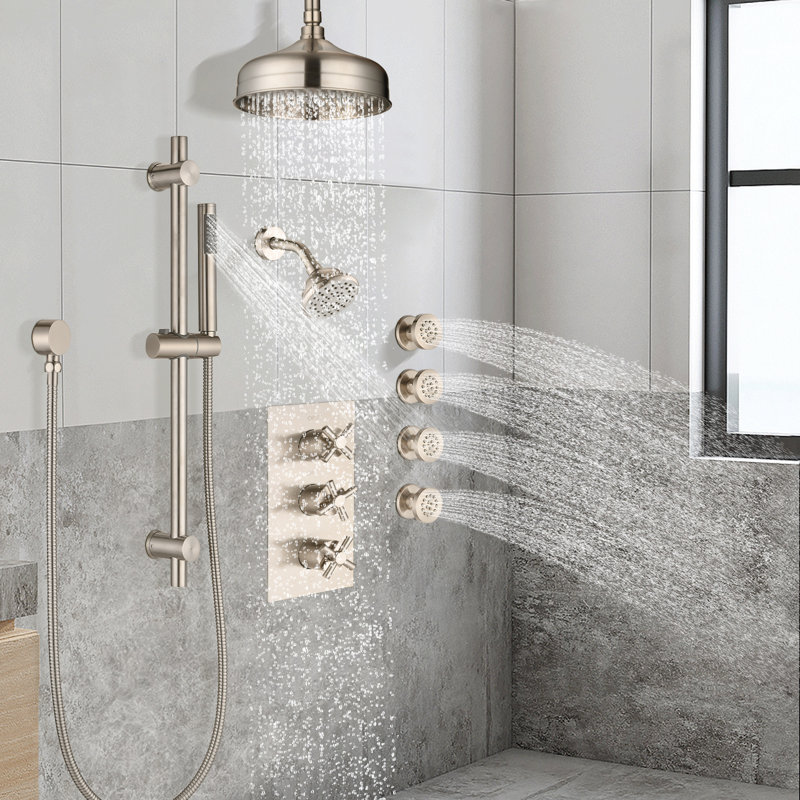 Pomme de douche à 4 jets avec douche à jets de corps en nickel brossé (valve brute incluse)