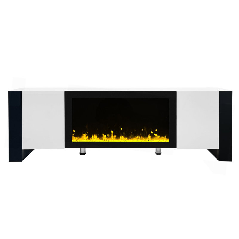Meuble télé moderne avec foyer électrique non chauffant 34,2 po ON-TREND, centre de divertissement ultrabrillant avec 2 armoires, console multimédia pour téléviseur de 78 po ou moins, blanc