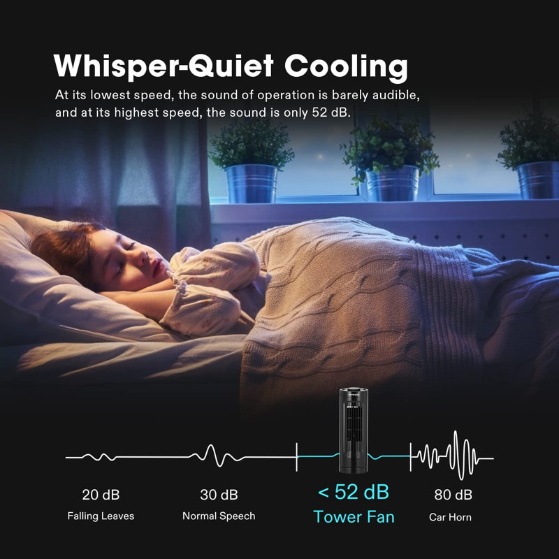 Compact Black Bladeless Oscillating Tower Fan with Three Speed Settings