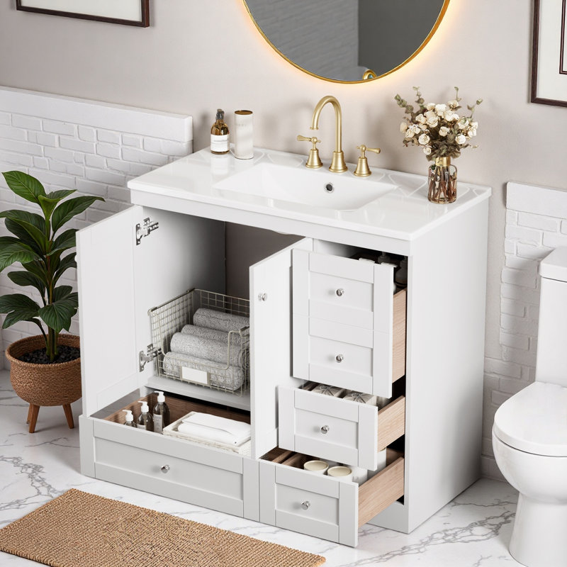 Meuble-lavabo autoportant avec lavabo en céramique, 4 tiroirs et armoire, Blanc