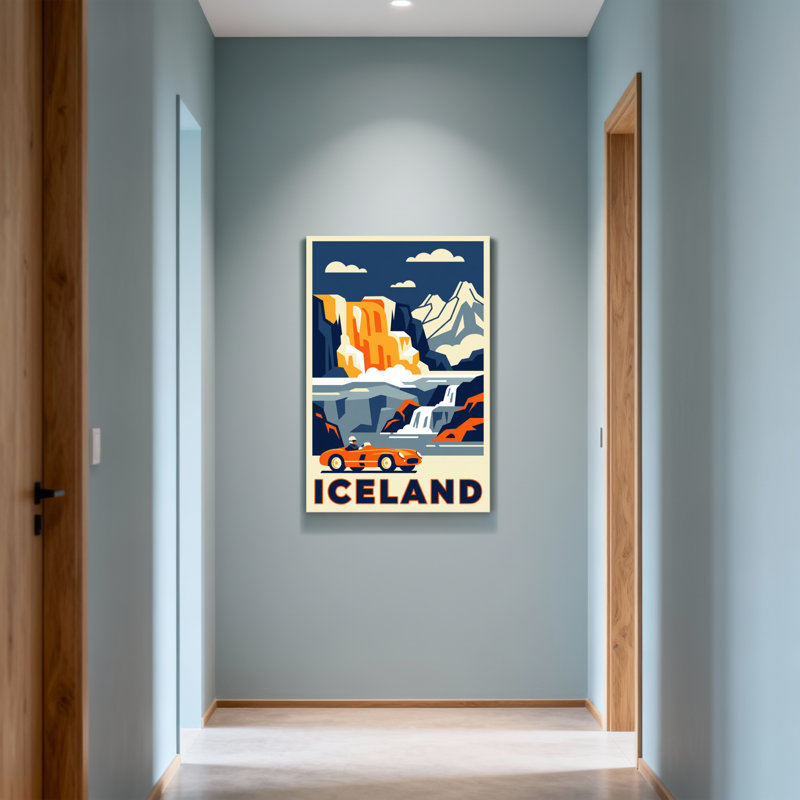 Paysages pittoresques et urbains Islande avec voiture et cascade, H 18 po x l 12 po