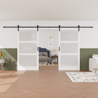 2 Piece Glass and Manufactured Wood Double Sliding Barn Door with Installation Hardware Kit Set