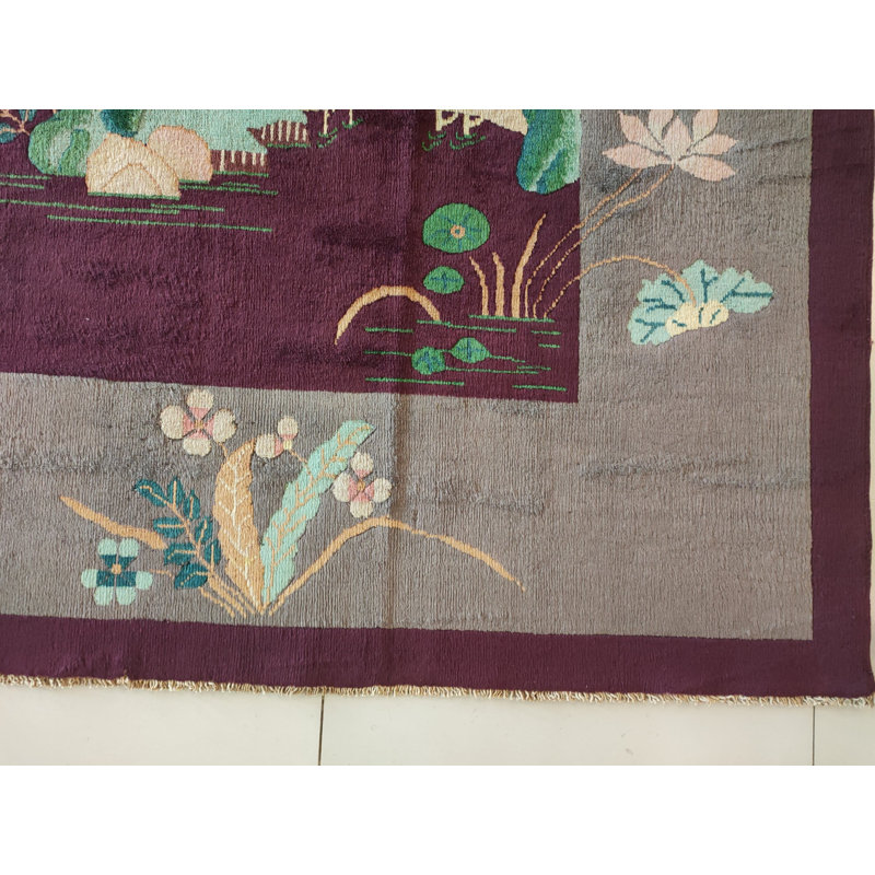 Antique Floral Wool Hand Knotted Pile Purple / Lavender Mauve 1920s Rug