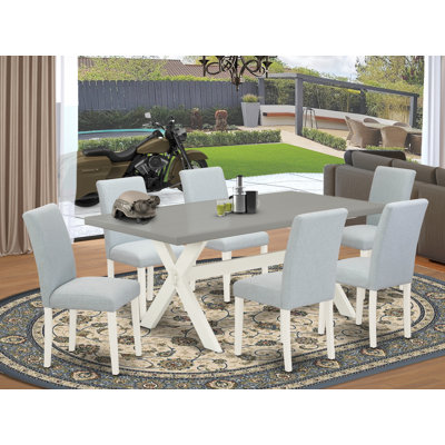 7 Piece Dining Set Consist of a Rectangle Dining Room Table with X-Legs and 6 Baby Blue Linen Fabric Upholstered Parson Chairs, Wire Brushed Linen White 