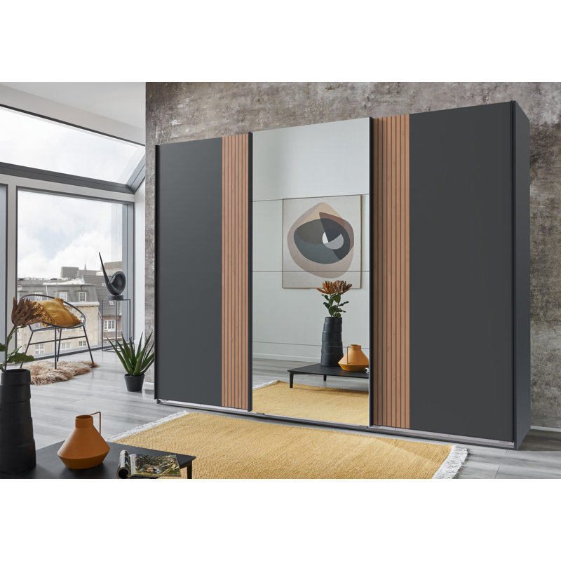 Alvernia 3 Door Manufactured Wood Wardrobe, 208cm H x 270cm W x 64cm D, Silver/Black