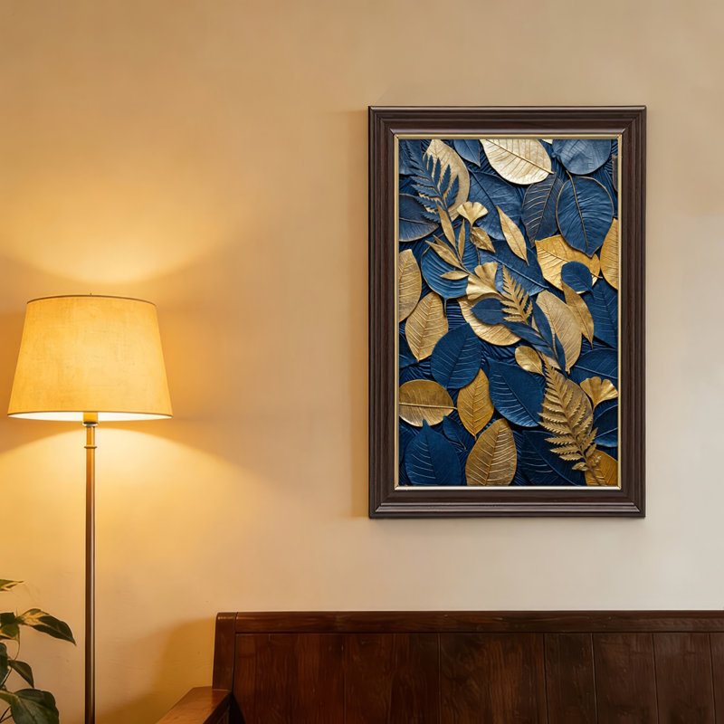 Art mural antique sur toile encadré doré pour le salon, la chambre à coucher, le bureau ou le vestibule - décoration murale décorative avec or bleu